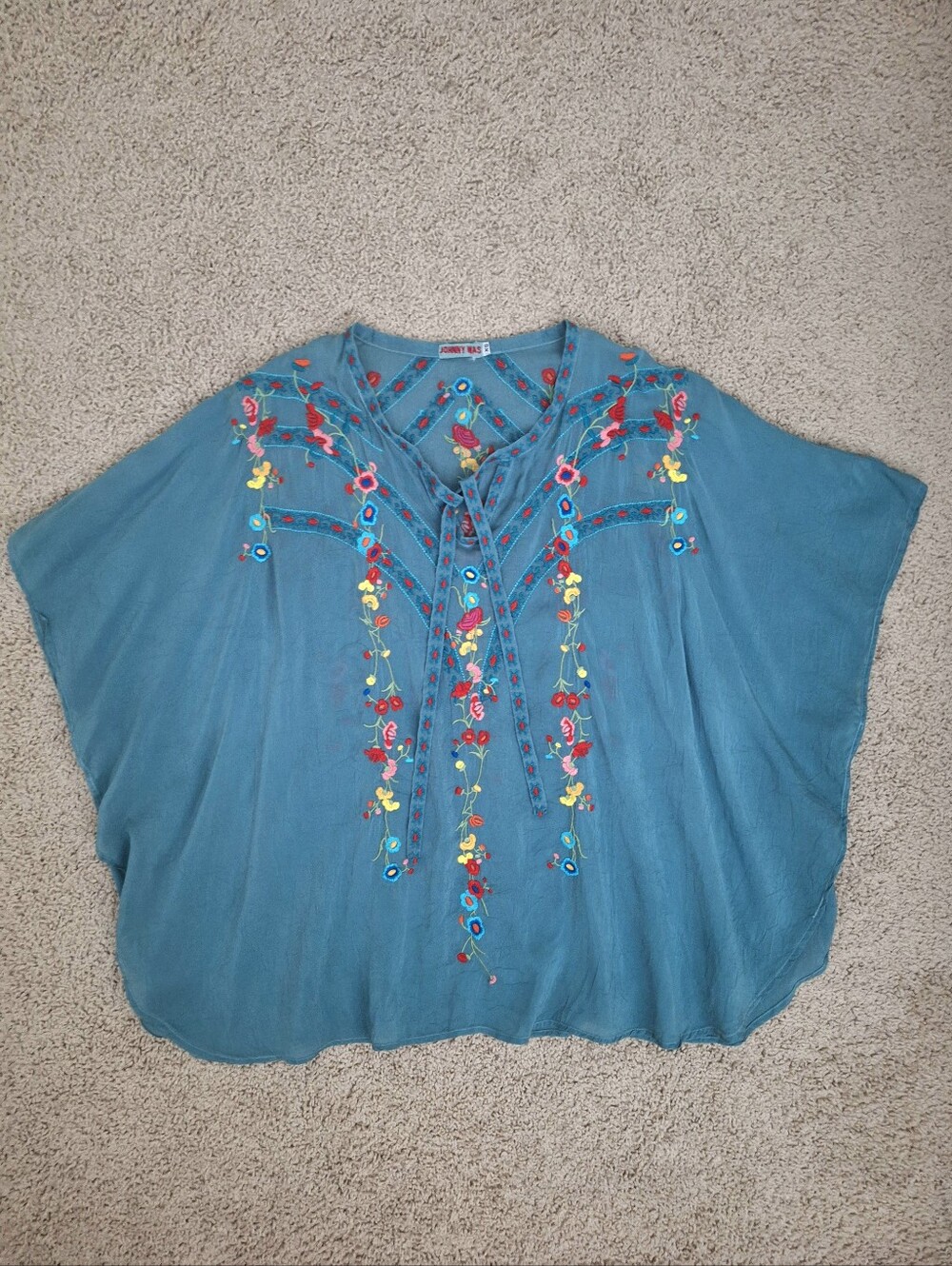 Johnny Was sheer floral embroidered short sleeved blouse with tie front size XS